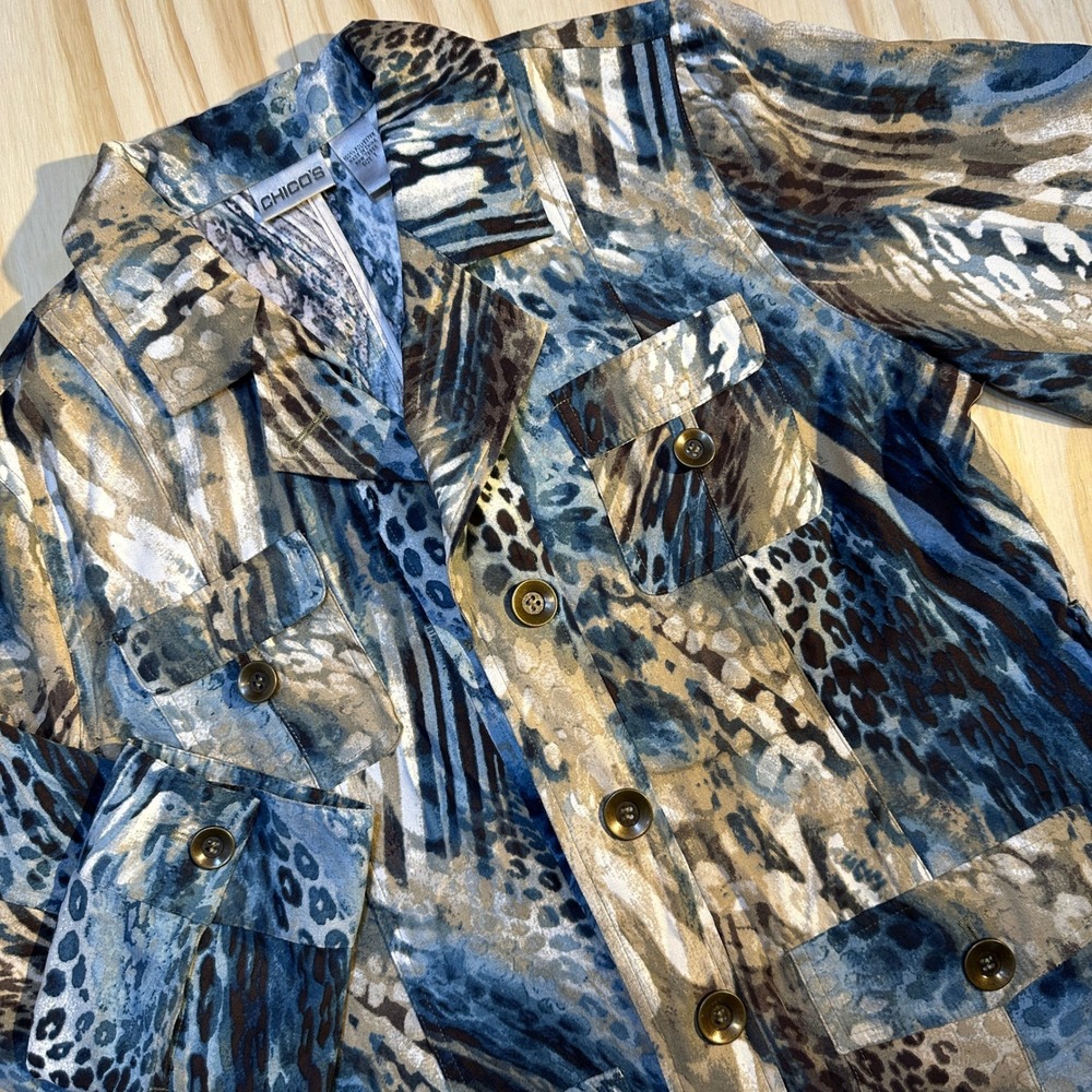 Chico's Women's Blue Animal Print Button Front Safari Jacket Metallic Accents 1